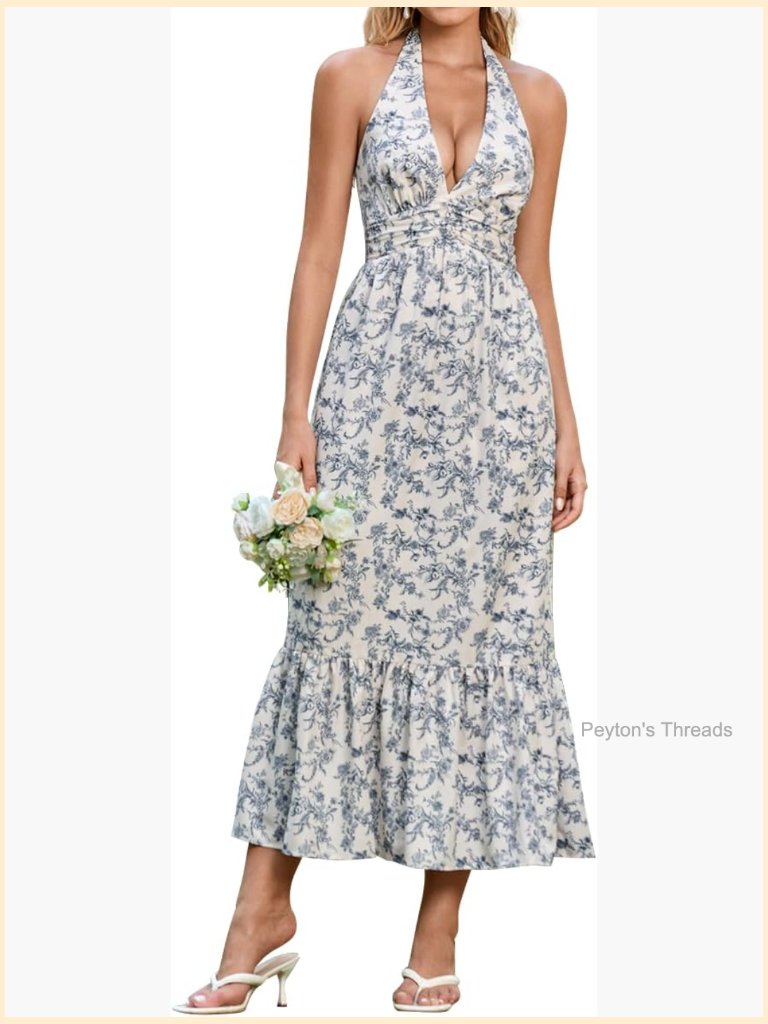 Sleeveless Halter Maxi Sundress Floral Corset Bow Tie Smocked Tea Party Dress